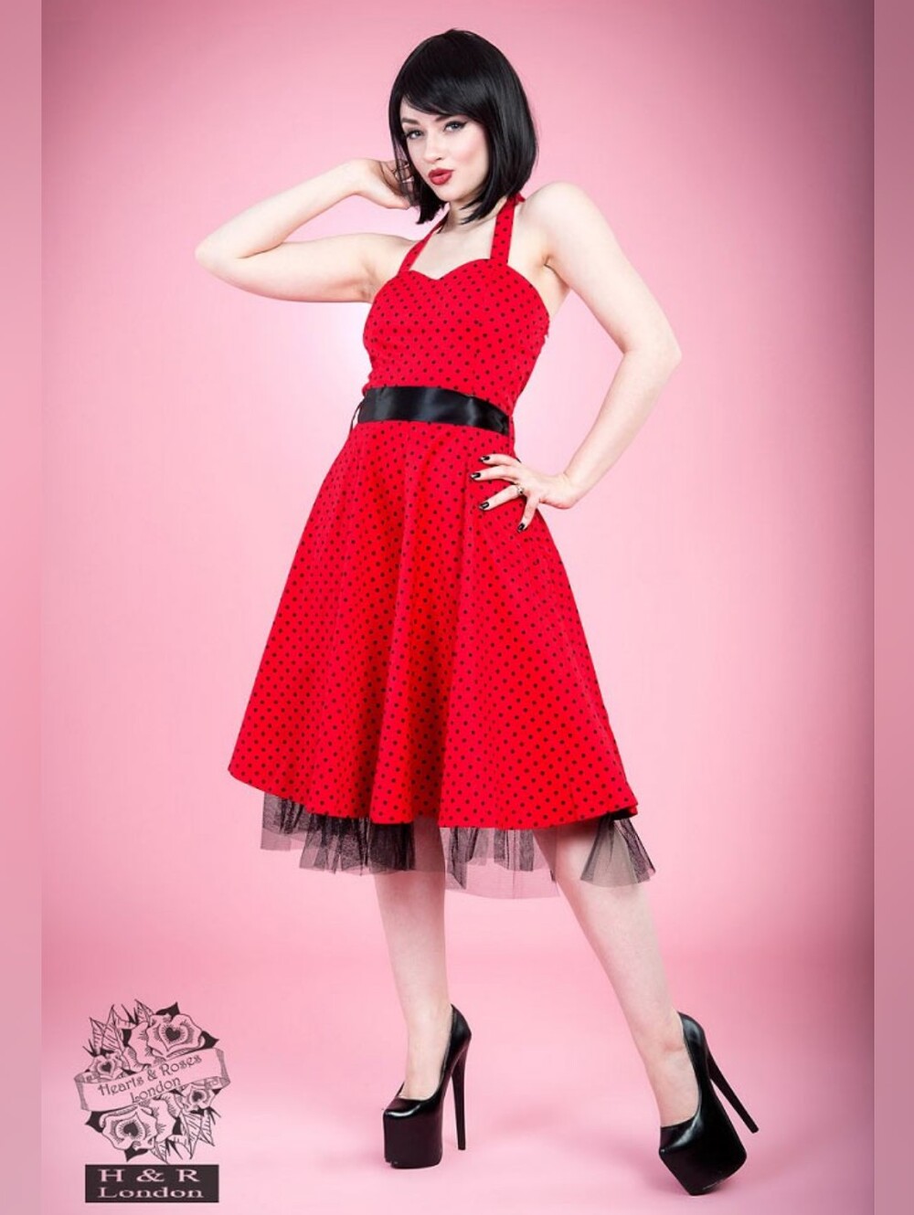 Red Polka Dot Halter Midi Dress